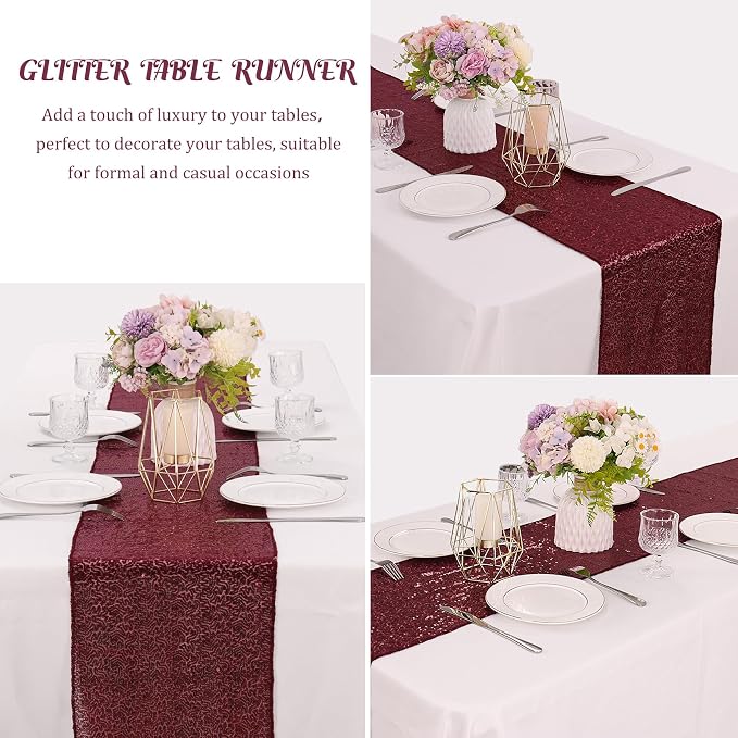 6 Pack Burgundy Red Valentine's Day Sequin Table Runner 12" x 72" Sparkle Table Runner for Baby Bridal Shower Wedding Birthday Party Table Decor (Burgundy)