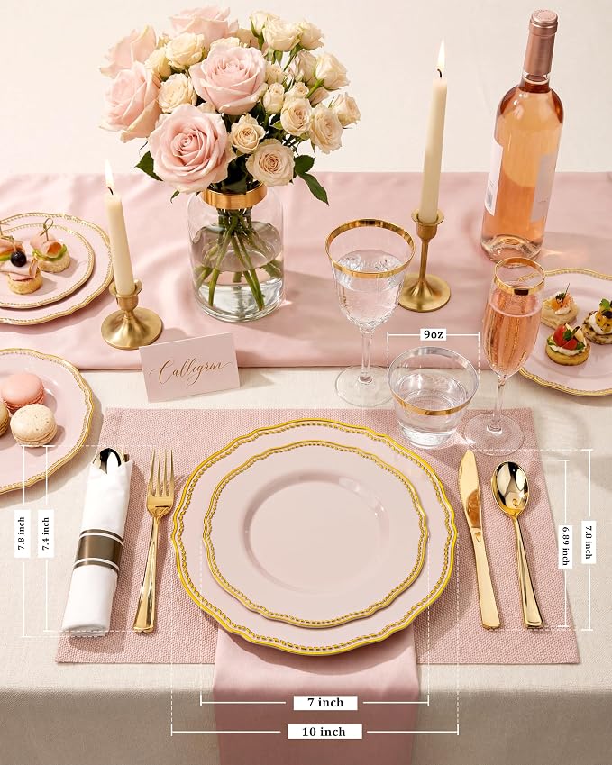 Hioasis 350pcs Pink and gold Plastic Plates - Pink Plastic Dinnerware Set Includes 50 Dinner Plates, 50 Dessert Dinnerware, 50 Cups, 50 Rolled Napkin Cutlery Perfect for Wedding & Easter
