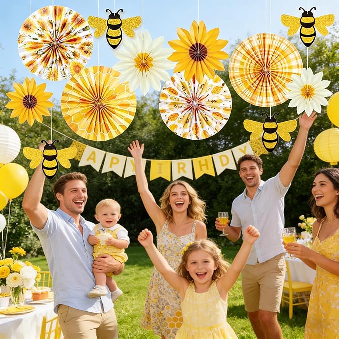 PAPER JAZZ Sunflower Paper Fan,Sunflower Party Decoration Hanging for Wall Sun Flower Paper Garlard with Bumble Bee Baby Shower for Yellow Birthday Party Bulletin Board Classroom