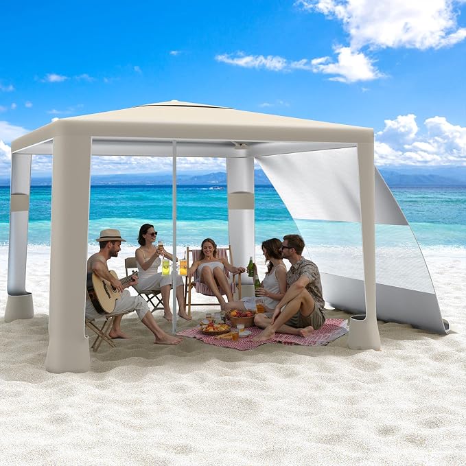 MoKo Beach Cabana, 8'×8' Large Beach Canopy with Side Wall, UPF 50+ Protection Easy Setup Beach Tent Sun Shelter, Adjustable Height Wind Resistant Cabana Beach Tent for Whole Family, Khaki