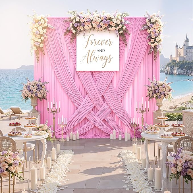50ftx10ft Wrinkle Free Pink Backdrop Curtains for Party Background, 10 Panels 5x10ft Silky Polyester Photo Backdrop Drapes Back Drop Cloth for Wedding Birthday Photography Baby Shower Decor