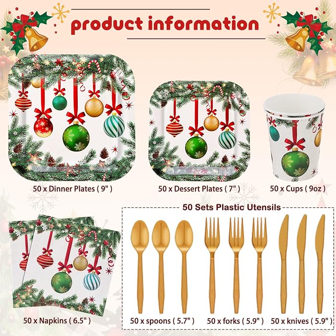 Ziliny 350 Pcs Christmas Party Supplies Christmas Tree Hanging Ball Party Tableware Set Square Paper Plates Disposable Napkins Cups Plastic Cutlery for Xmas Holiday Serves 50 Guests(Xmas Ball)