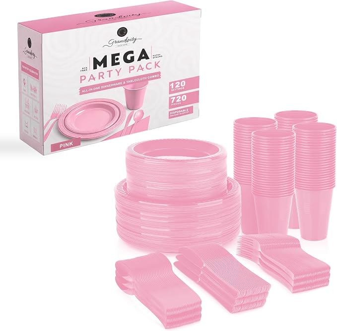 Grandipity 720 Piece Disposable Dinnerware Set, Plastic Dinnerware Set Includes 120 Count 9' Dinner Plates, 7' Dessert Plates, 12oz Cups, Forks, Knives & Spoons - Pink