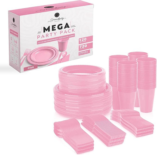 Grandipity 720 Piece Disposable Dinnerware Set, Plastic Dinnerware Set Includes 120 Count 9' Dinner Plates, 7' Dessert Plates, 12oz Cups, Forks, Knives & Spoons - Pink