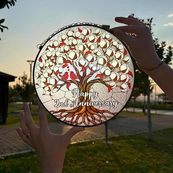 2nd Wedding Anniversary Stained Glass Suncatcher, Cotton Anniversary Wedding Gift, 2nd Anniversary Marriage Gifts for Couples, Wife, Husband or Parents, 2 Year Marriage Celebration