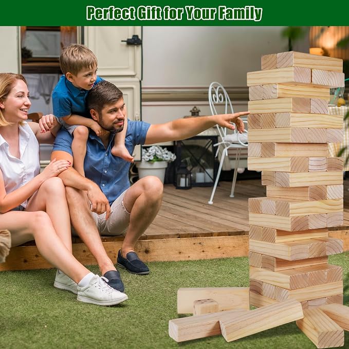 Olsa Giant Tumble Tower, Toppling Timber Game with Carrying Bag 60 PCS Wooden Block Stacking Game for Adults Family (2.2 Ft to 5 Ft)