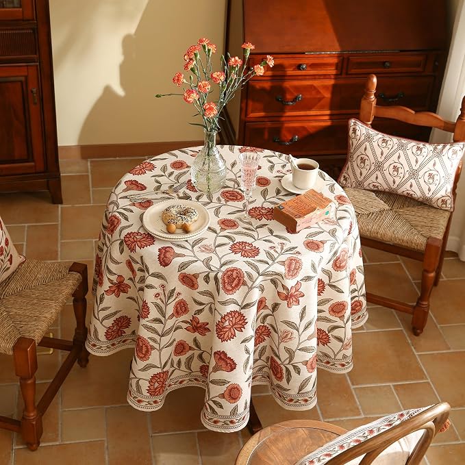 ISAENNE Designer French Linen Round Tablecloth,Diameter 67"-Alvarado D | Vintage Elegant Beautiful Table Cloth,Orange Floral Pattern,Heavyweight,Dining Room,Tea Party,Kitchen,Thanksgiving,Decor