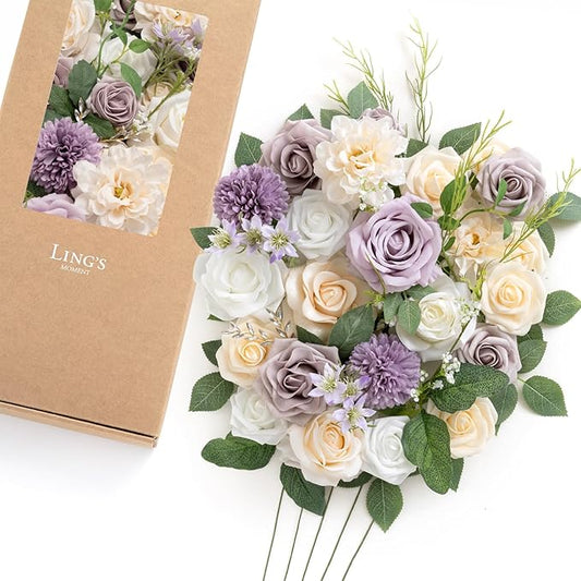 Ling's moment Fake Flowers Box, Faux Artificial Greenery Stems Foam Roses Silk Chrysanthemum Rose Leaf Fabic Flower for Centerpieces Bouquet Wedding Vase Decorations, Lavender & Cream, Deluxe Combo
