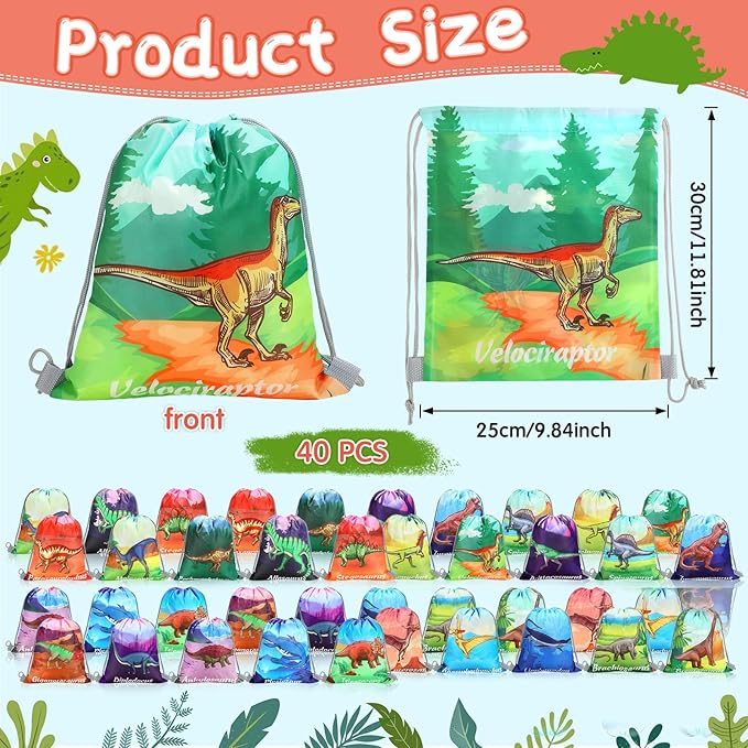 Chumia 40 Pcs Dinosaur Drawstring Gift Bags Dinosaur Party Supplies Dino Theme Party Favor Treat Goodie Candy Bags for Birthday Christmas, 20 Style