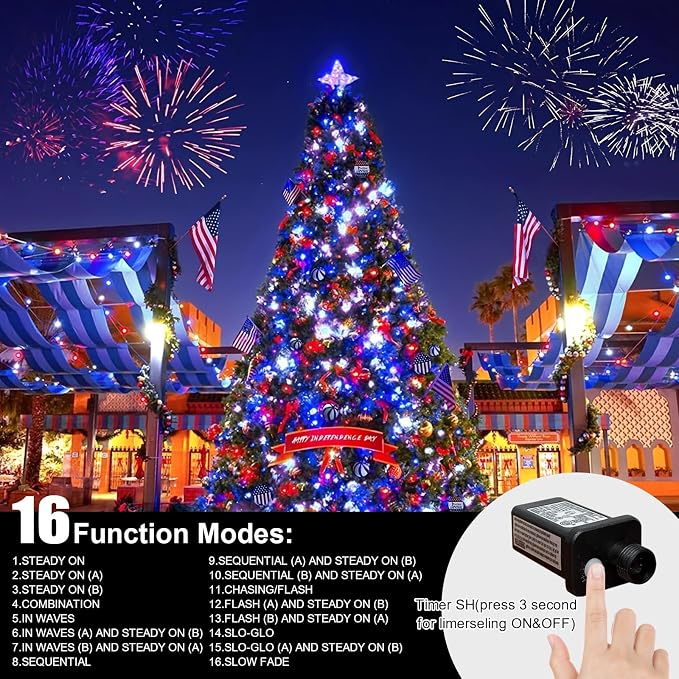 LAMPHOME 165ft 500 LED Red White and Blue Patriotic String Lights, 16 Modes Red White Blue Lights Plug in, 4th of July Lights Outdoor for Independence Day Memorial Day 4th of July Decoration