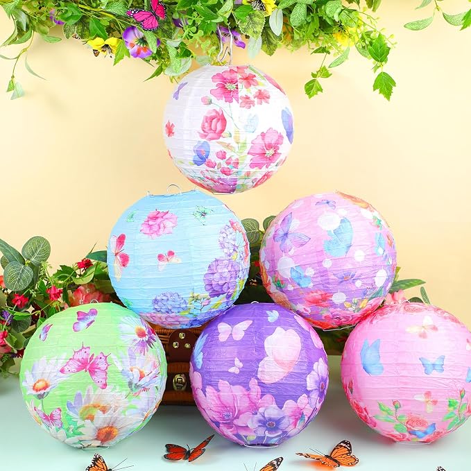 Panelee 12 Pcs Butterfly & Floral Theme Party Decorations Floral Hanging Paper Lanterns 8 Inches Round Flower Paper Lanterns for Summer Tea Party Ceiling Garden Wedding Bridal Decor Supplies