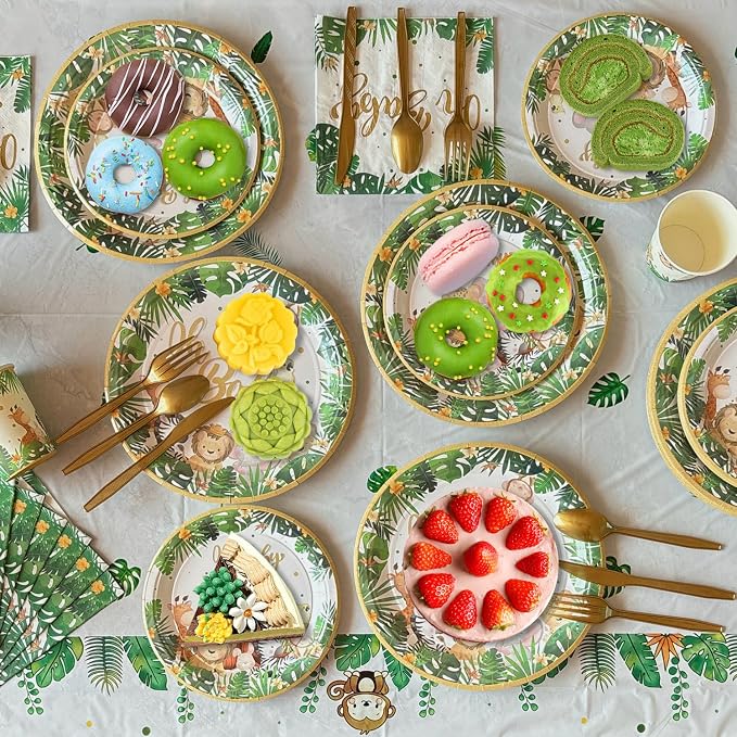 Safari Jungle Baby Shower Decorations for Boy Girl ,258 PCS Jungle Safari Animal Party Decorations Supplies (20 Guest) with Paper Plates Cups Napkins Tablecloth Backdrop Balloons Arch Kit