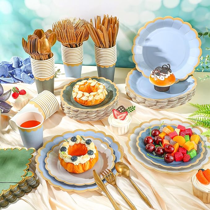 Mimorou 338 Pcs Blue and Sage Green Plates and Napkins Party Supplies for Guests Dusty Blue Tableware Include Scalloped Plates Paper Napkin Cup Spoon Fork Knife for Baby Shower, Wedding, Birthday