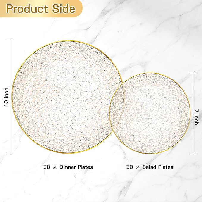 Rubtlamp 60Pcs Clear Gold Plastic Plates, Gold Glitter Disposable Plates, Hammered Plastic Plates Included 30 Dinner Plate And 30 Dessert Plates for Party