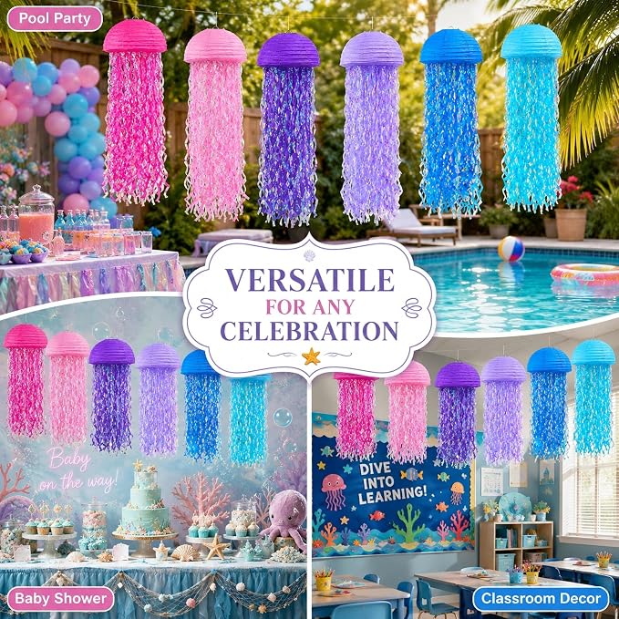 6-Pack Jellyfish Paper Lanterns, Pink Purple Blue Under The Sea Party Decorations, Mermaid Birthday Decorations for Girls, Hanging Ocean Themed Pool & Beach Party Decor, Classroom Decor