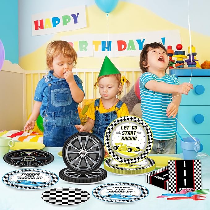 96Pcs Racing Car Birthday Party Plates and Napkins for Checked Race Car Party Decorations Start Your Engines Theme Paper Plates Tableware for Kids Serves 24 Racing Car Birthday Party Supplies Favors