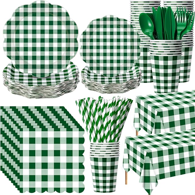 Funnymoom 452 Pcs Green Gingham Party Supplies for 50, Dark Green Plaid Checkered Paper Plates Napkins Cups Tablecloth Cutlery Straws for Holiday Birthday Baby Shower Party Decoration
