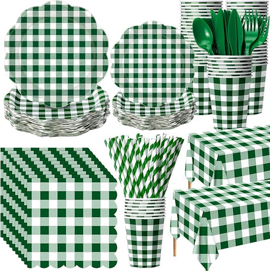 Funnymoom 452 Pcs Green Gingham Party Supplies for 50, Dark Green Plaid Checkered Paper Plates Napkins Cups Tablecloth Cutlery Straws for Holiday Birthday Baby Shower Party Decoration