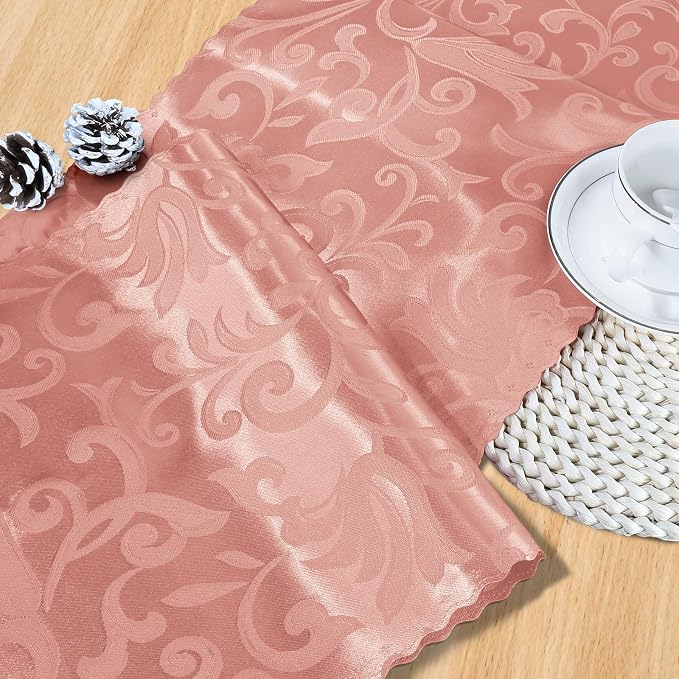 MILVOWOC 4 Pack Rose Gold Satin Table Runner, 12 x 72 Inch Jacquard Damask Rectangle Bright Silky Decorative Table Runner for Party Banquet Birthday Dinner Wedding Table Decor