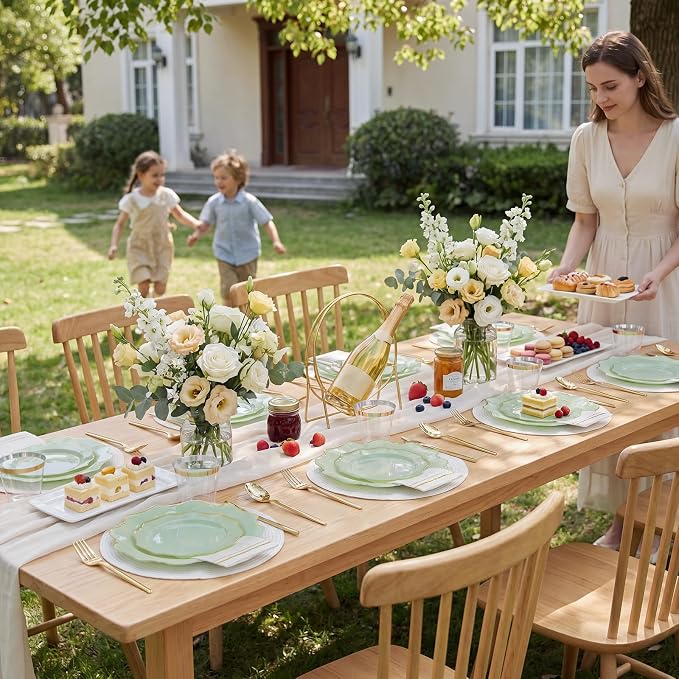 WDF 175Pcs Sage Green Plastic Plates With Gold Rim - Disposable Sage Green Plates 25guest Disposable Dinnerware Ideal for Party/Wedding/Spring Party/First Communion