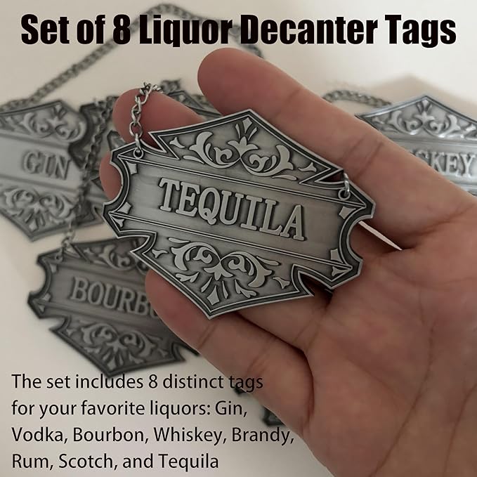 8PCS Liquor Decanter Tags-Gin, Vodka, Bourbon, Whiskey, Brandy, Rum, Scotch, Tequila/Adjustable Chain Bottle Labels/Silver