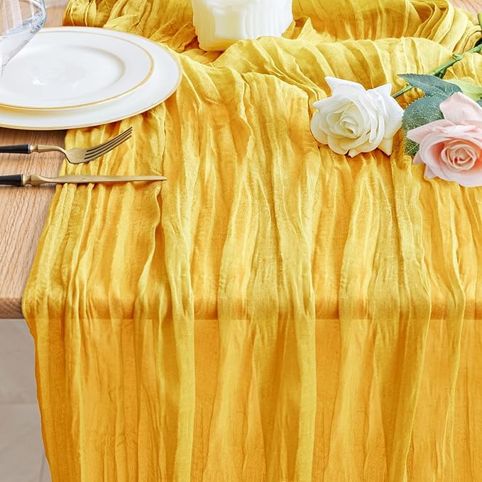 Wokceer Cheesecloth Table Runner 120 Inch Gold Boho Gauze Spring Easter Cheese Cloth Table Runner for Party Valentine's Day Long Rustic Sheer Table Runners for Baby Bridal Shower Wedding Table