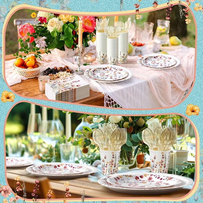 Sinmoe 400 Pcs Spring Wildflowers Plates and Napkins Set Paper Flower Dinnerware Disposable Party Supplies for 50 Guest Dinnerware Knife Fork Spoon for Spring Summer Birthday Baby Shower Party