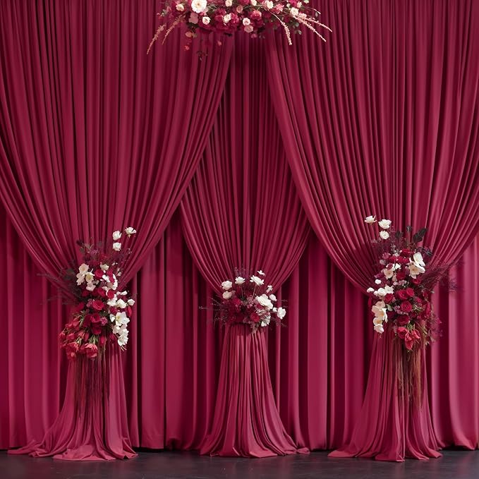 Burgundy Backdrop Curtains - 8 Panel Wrinkle-Free Polyester Photography Drapes for Baby Shower & Birthday Party - 32 X 10FT