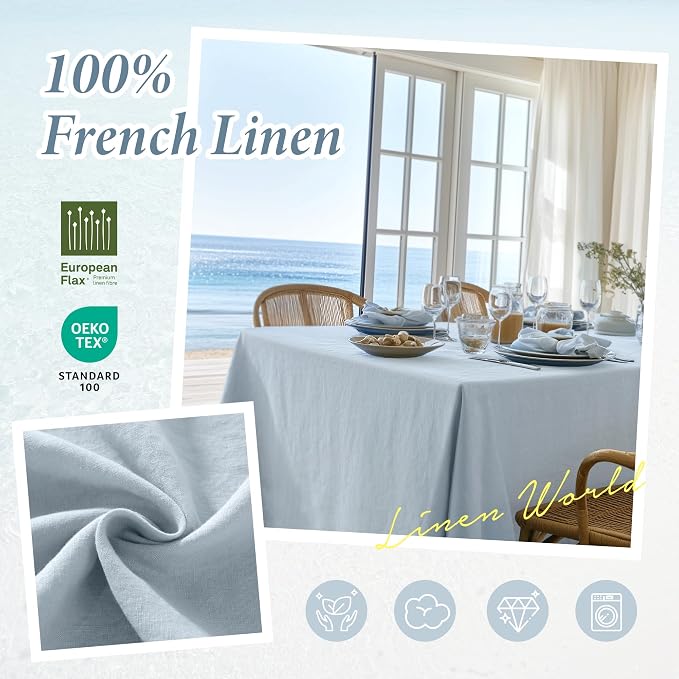 Linen World Blue Linen Tablecloth - 100% French Linen Table Cloth 72" x 72" Inch,Washable Square Tablecloth for Dining,Outdoor,Weddings and Restaurants,Decorative Thanksgiving Christmas - Mist Blue