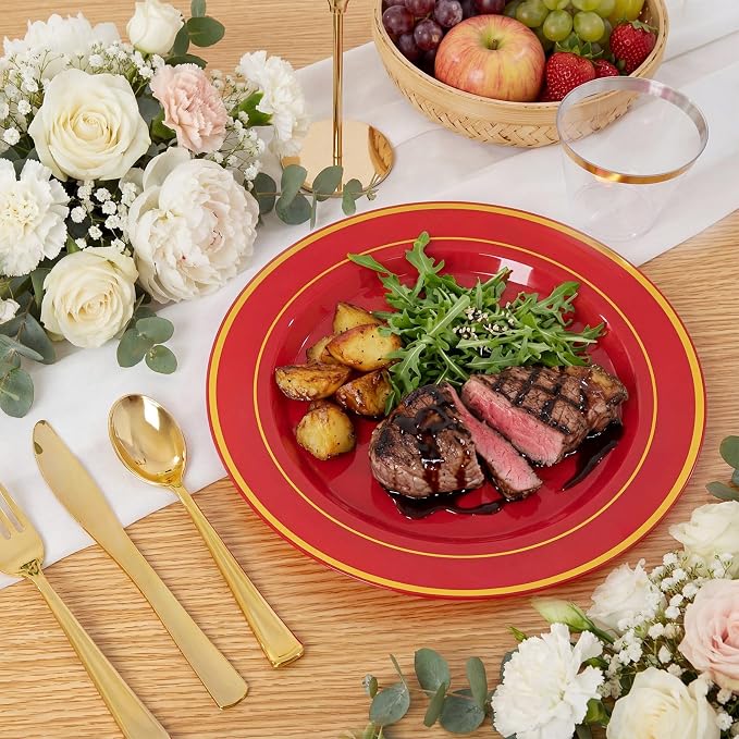 WDF Partyware 175 Pieces Red Plastic Plates with Gold Rim Include Dinner Plate 10" Dessert Plate 7" gold Cups 9 OZ, Pre Rolled Napkins 25 of each type for Wedding/Party/Birthday