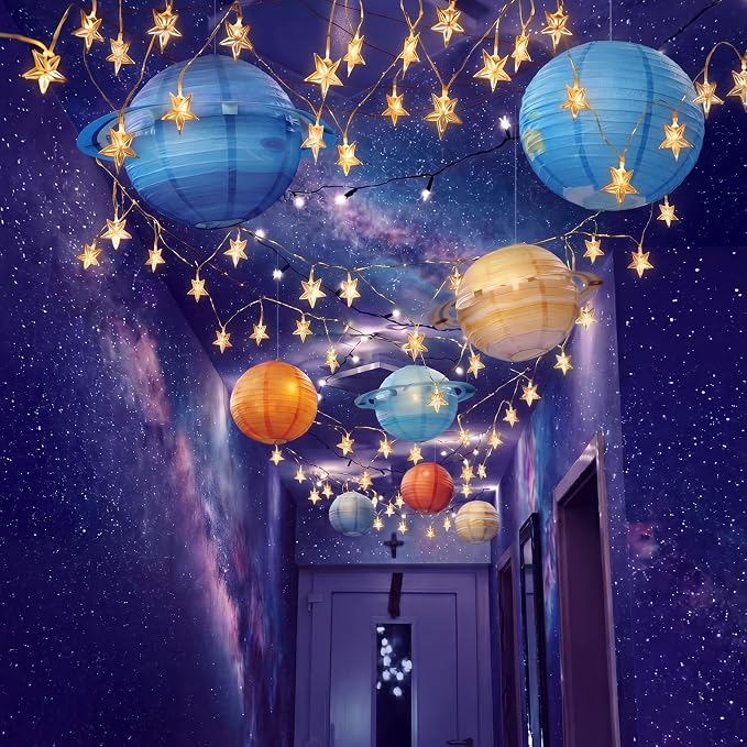 VioraWhite 2026 Space Celing Decoration for Classroom VBS Outer Space Party, Star Hanging Ornament, Solar System Paper Lantern for Galaxy Themed Birthday Baby Shower Decor Supplies