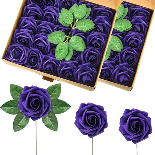 50 Pcs Artificial Foam Rose Flower Faux Bouquet Wedding Fake Rose Gift for Mother's Day Women DIY Bridal Shower Party Table Birthday Home Spring Decor (Purple)