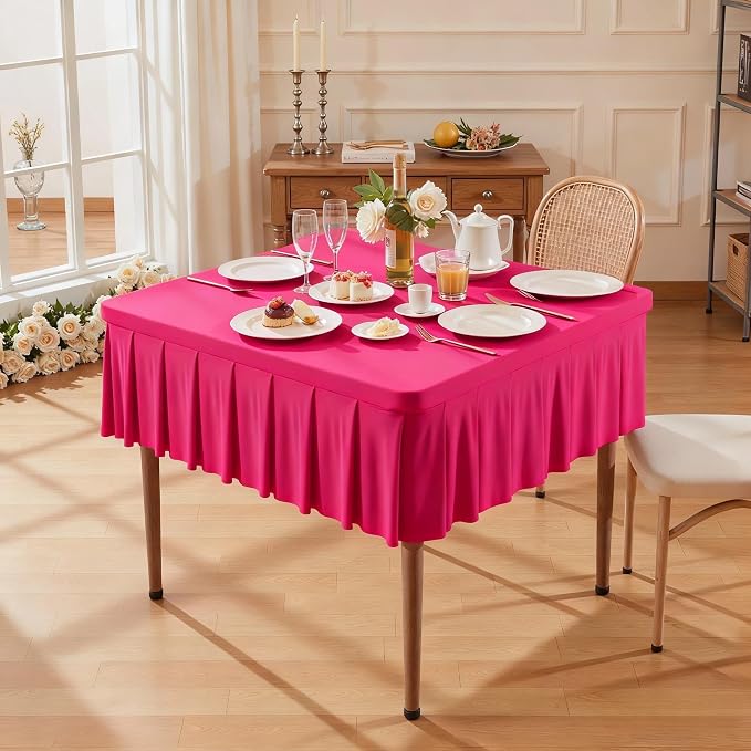2 Pack Hot Pink Spandex Tablecloths for 34x34 Inch Square Tables, Stretch Fitted Table Clothes with Pleated Ruffle Skirt for 34” Table, Wrinkle Free and Elastic, for Party Kitchen Home Dining