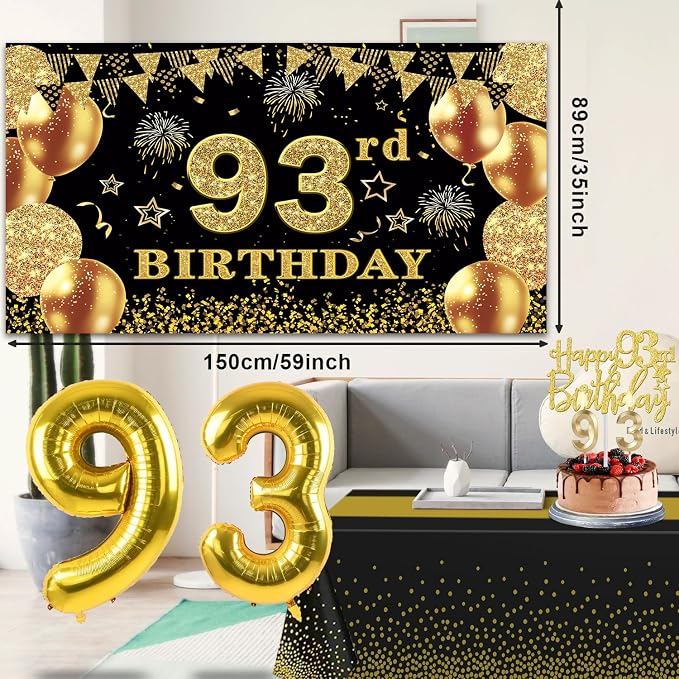 93rd Birthday Decorations Men Women with 93rd Birthday Banner, Black and Gold Table Cloth, Number Balloons, Sash, Cake Topper and Candles