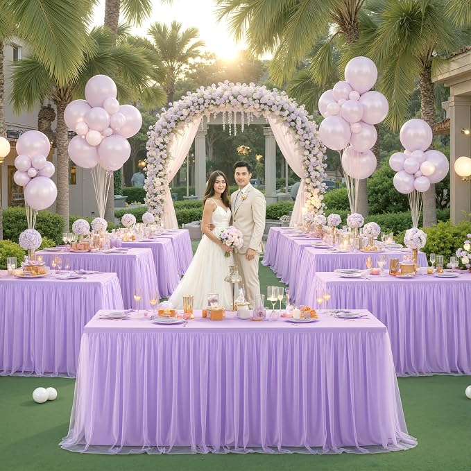 Suppromo Lavender Tulle Tablecloth for 4 Foot Rectangular Tables, 48 x 24 Inch White Rectangle Table Cloth, Wrinkle Free Table Cover with Tutu Skirt for Wedding Birthday Party Banquet Tablecover