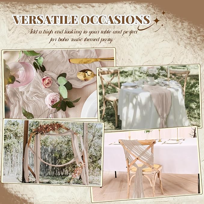 12 Pack Cheesecloth Table Runner,Brown Grey Table Runner Long Romantic Semi Sheer Rustic Boho Gauze Table Runners for Wedding Bridal Shower Birthday Party Decorations(17.7×108 Inch)