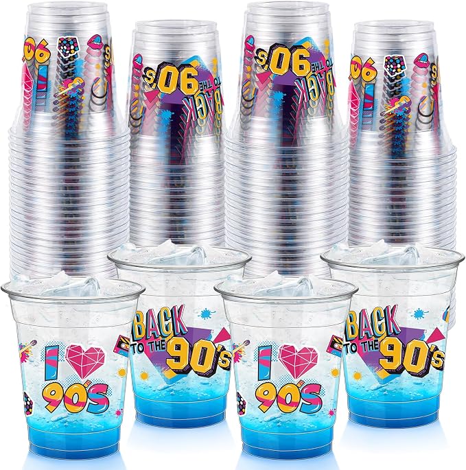 FoldTier 50 Pcs 90s Cups 12 oz Plastic Throwback Dance Glasses Clear Retro Music Disposable Glasses Hip Hop Drinking Cups for Home Retro Hip Hoptheme Party Favors Supplies Decoration (90s)