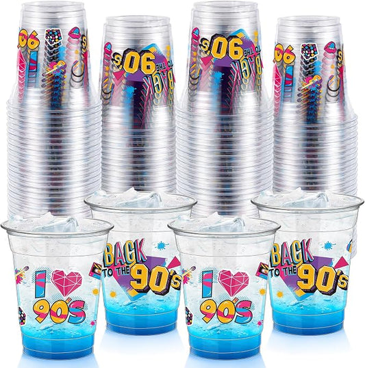 FoldTier 50 Pcs 90s Cups 12 oz Plastic Throwback Dance Glasses Clear Retro Music Disposable Glasses Hip Hop Drinking Cups for Home Retro Hip Hoptheme Party Favors Supplies Decoration (90s)