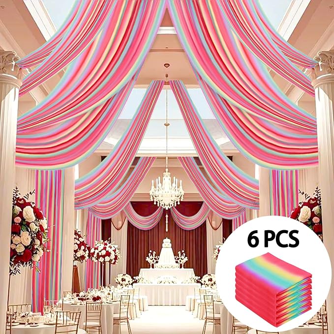 DUOBAO Rainbow Chiffon Wedding Ceiling 10FT Length Photo Background Curtain Decorations with Rod Pocket for Banquet Room Weddings Ceremony Graduation Prom, W 5' x L 10'-6 Panels Bright Rainbow
