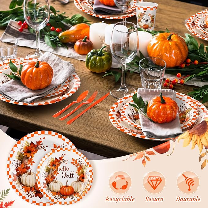 Sliner 350 Pcs Fall Paper Plates and Napkins Sets Party Supplies Thanksgiving Disposable Tableware Set Heavy Duty Pumpkin Paper Plates Orange Fall Cups Napkins Knife Fork Spoon, Serve 50 Guests