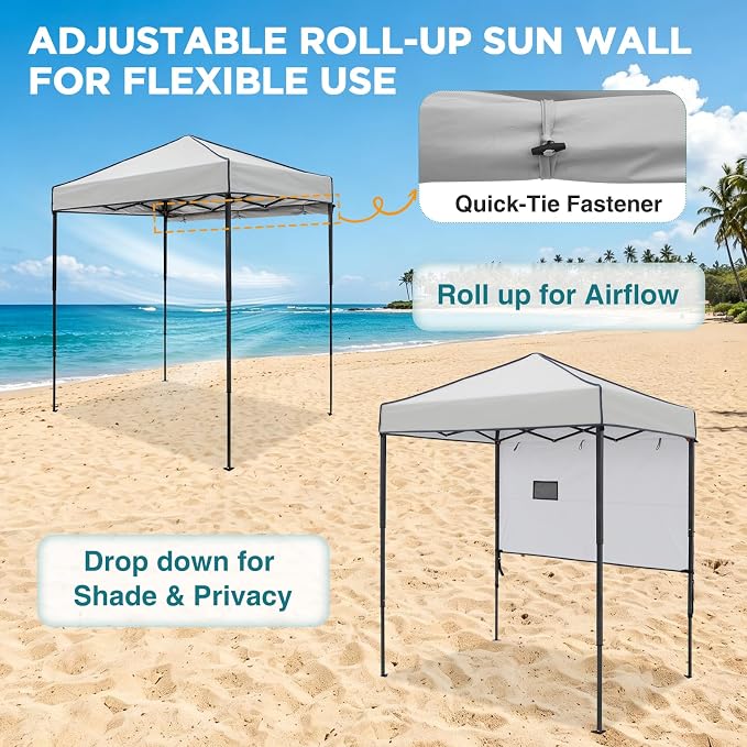 EAGLE PEAK 6x4 Instant Pop Up Canopy Tent with 1 Half Wall Panel, Straight Leg Sun Shelter, Portable Canopy with Carry Bag for Camping, Beach & Sports, Gray