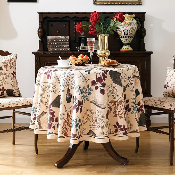 ISAENNE Designer French Linen Round Tablecloth,Diameter 55"-Xipeia | Vintage Elegant Beautiful Durable Printed Table Cloth,Floral Pattern,Decoration,Heavyweight,Dining,Kitchen,Thanksgiving
