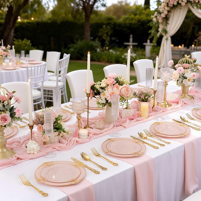 102PCS Pink Plastic Plates - Pink and Gold Plate - Heavyweight Disposable Plate with Gold Rim - Fancy Dinner & Dessert Plates for 51 Guests Weddings & Parties
