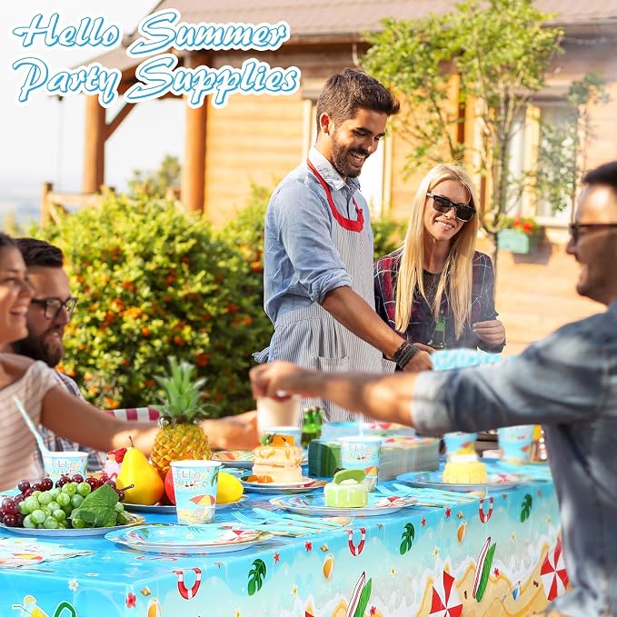 Funnymoom 452 Pcs Hello Summer Plates and Napkins Beach Party Supplies for 50, Summer Beach Cup Tablecloth Cutlery Disposable Tableware for Hawaiian Tropical Luau Ocean Pool Birthday Party Decoration
