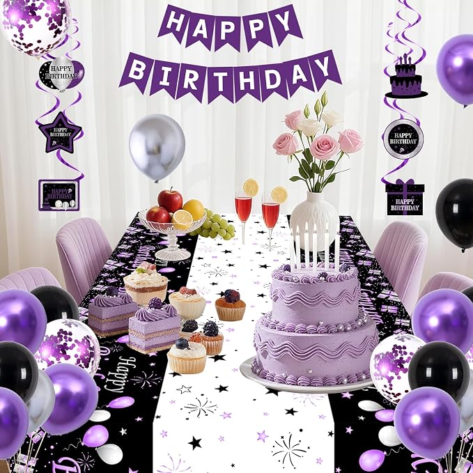 Black Purple Birthday Decorations for Women Girls Men, Purple and Silver Party Decorations Happy Birthday Banner Backdrop Confetti Silver Balloons Arch Hanging Swirls Party Supplies Tablecloth