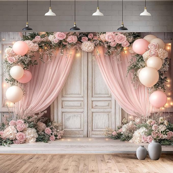 6X4ft Wedding Floral Backdrop Vintage White Wood Barn Doors Pink Rose Flowers Elegant Photography Background Bridal Anniversary Party Photo Shoot Decor Props