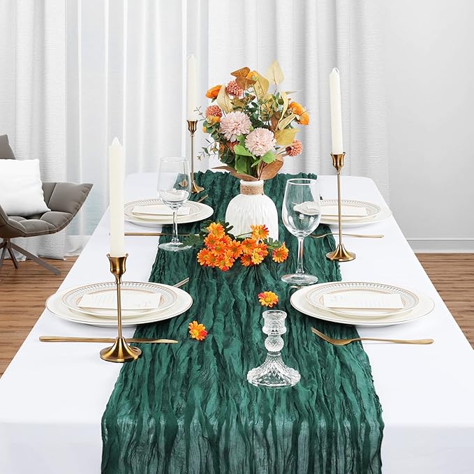 6 Pack Emerald Green Cheesecloth Table Runner 10Ft Gauze Cheese Cloth Table Runner 35x120 Inch Boho Sheer Rustic Fabric for Party Decor Baby Shower Wedding Home Holiday Decorations