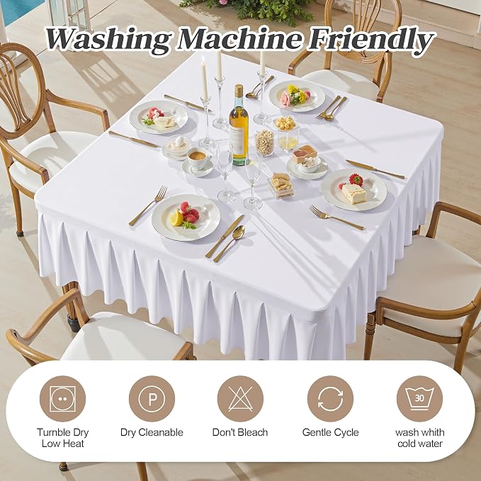 Wish Care White Spandex Tablecloths for 54x54 Inch Square Tables, Stretch Fitted Table Clothes with Pleated Ruffle Skirt for 54” Table, Wrinkle Free and Elastic, for Party Kitchen Home Dining