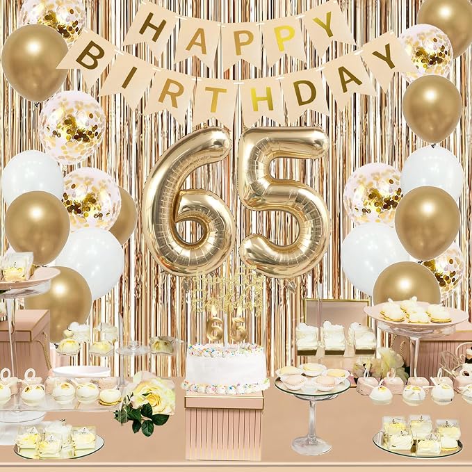 Trgowaul 65th Birthday Decorations for Women, Banner, Sash and Crown, Cake Topper, 65 Number Balloon, Fringe Curtains, Champagne Gold 65th Birthday Party Supplies