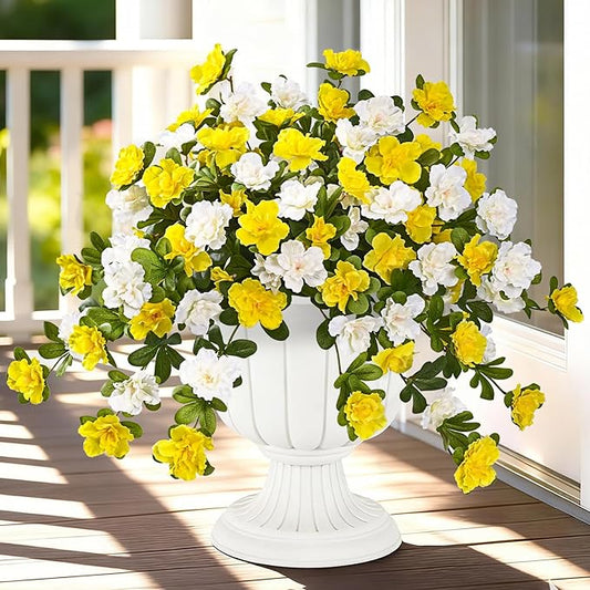 Dolicer Artificial Flowers for Outdoors, 4 Bundles UV Resistant Fake White & Yellow Artificial Outdoor Plants Look Real for Outside Front Faux Door Porch Patio Balcony Decor